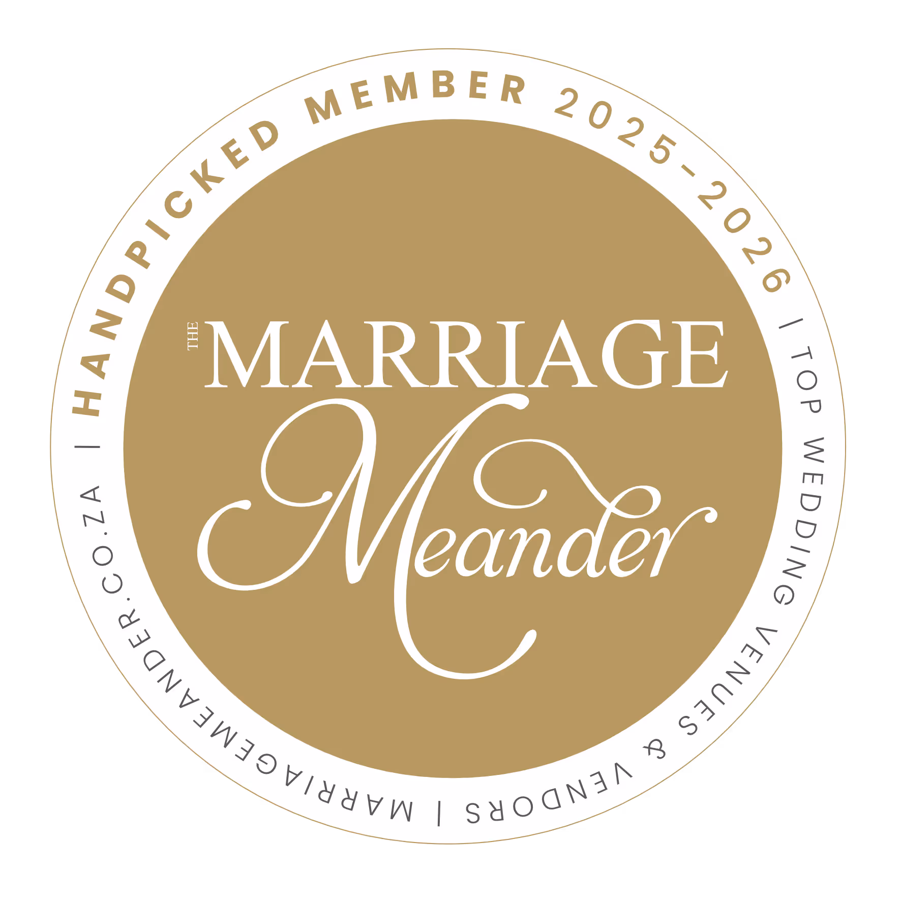 Gold and white circular badge stating Marriage Meander Handpicked Member 2025-2026, for top wedding venues and vendors.