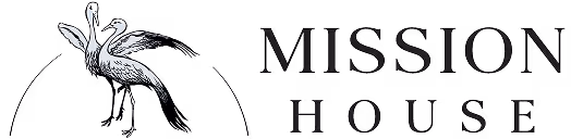 Logo with a crane bird standing beside the text 'MISSION HOUSE'.