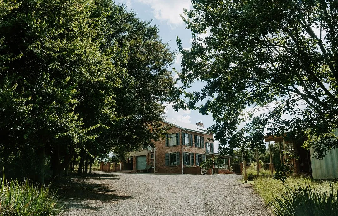 Two-story brick house with green shutters surrounded by trees on a sunny day with a gravel driveway.