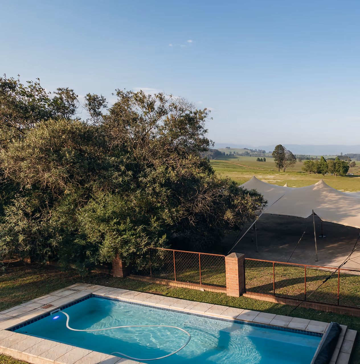 Outdoor swimming pool with clear blue water next to a lawn, a wire fence, and trees under a clear sky.